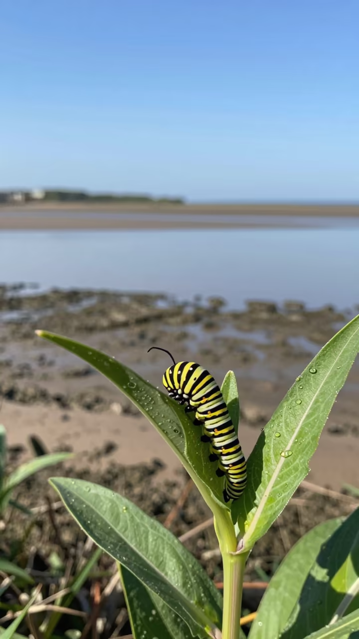 Monarch Caterpillar on Milkweed by English Tidal Inlet in beside a tidal inlet in England