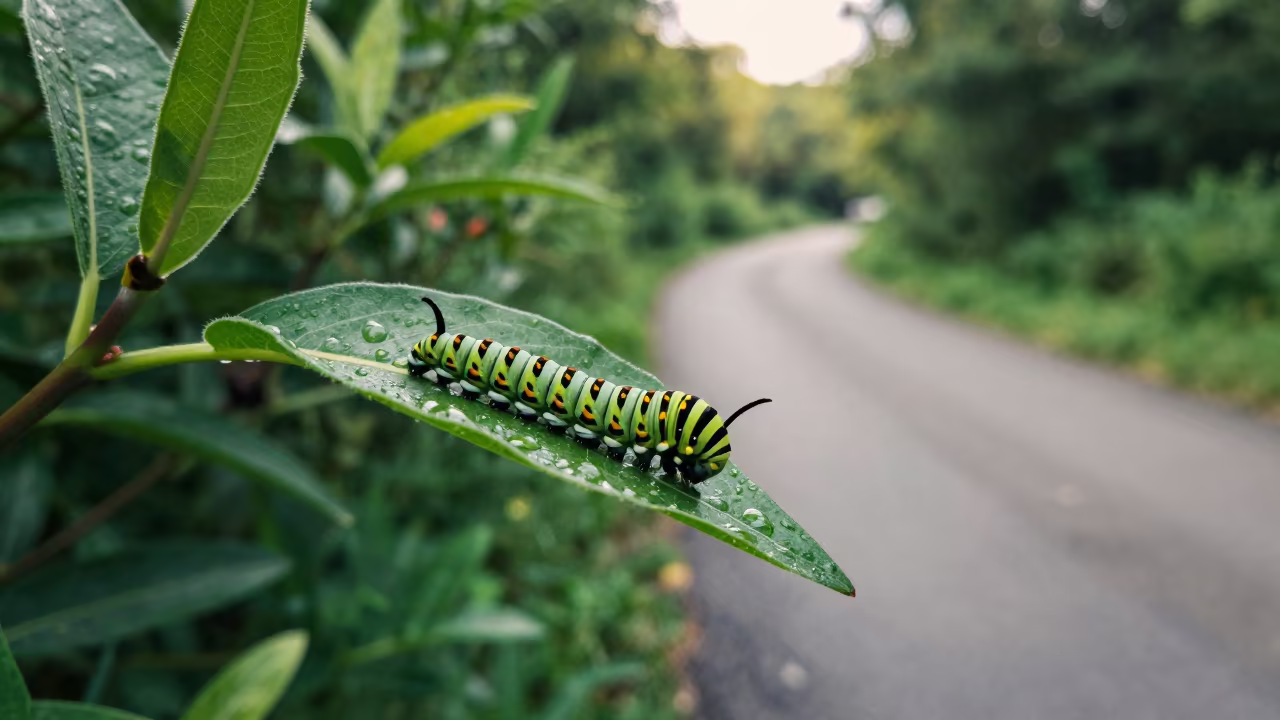 Monarch Caterpillar on Milkweed in Late Summer Light in along a game trail in New York