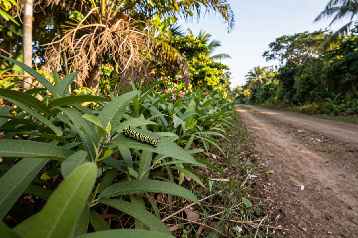 Monarch Caterpillar on Milkweed in Tropical Afternoon in along a game trail near Puerto Cabello