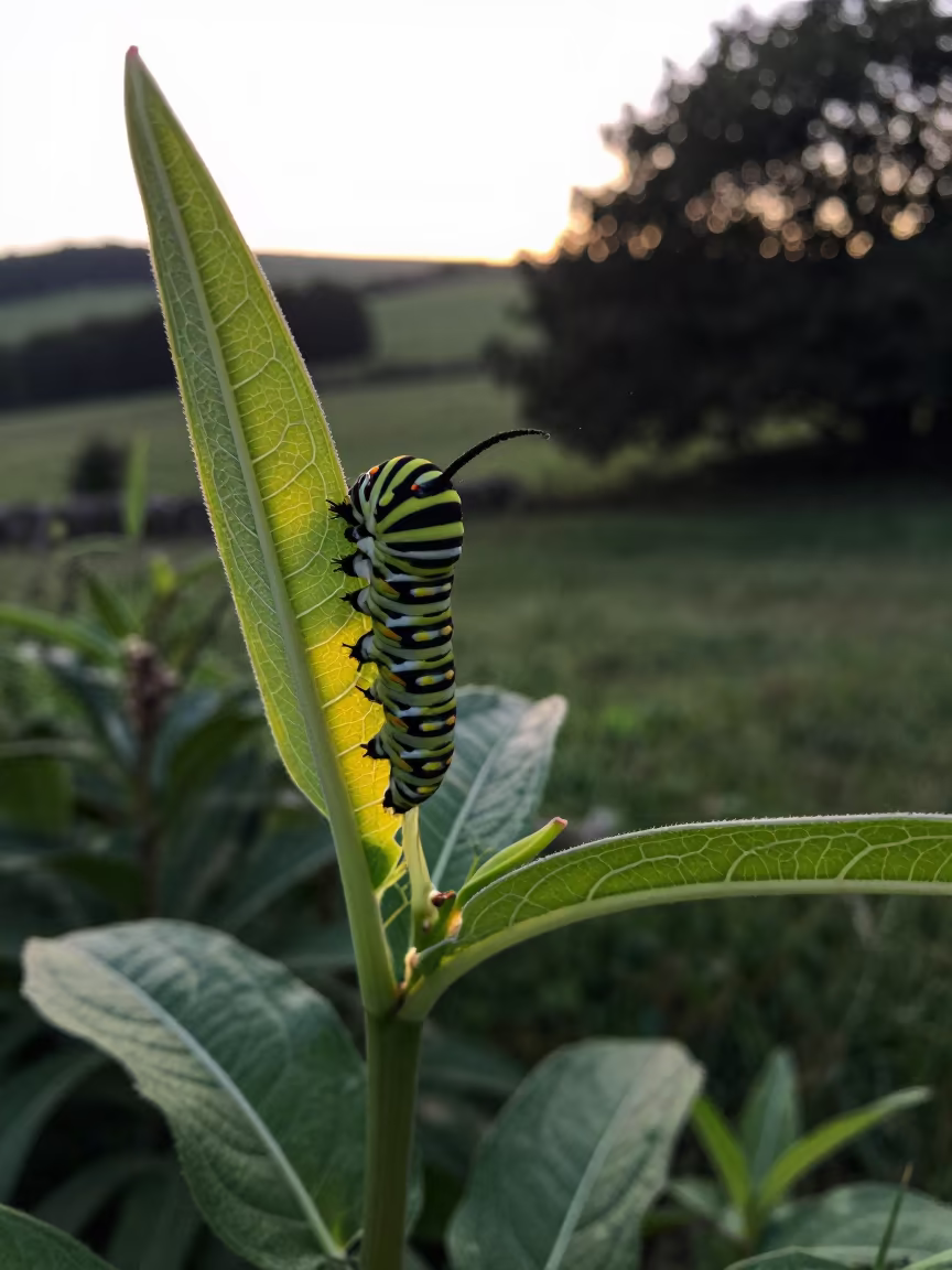 Monarch Caterpillar Silhouette on Welsh Milkweed in in Wales