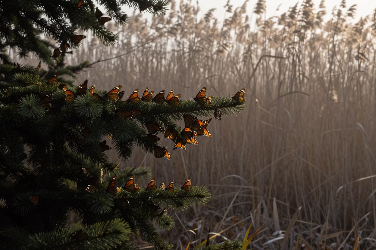 Monarch Cluster on Fir Branch Before Dawn in at the edge of a reed bed in the Urals
