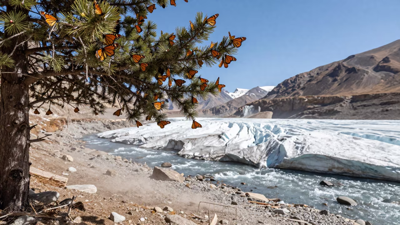 Monarch Cluster on Fir Branch Over Glacial Stream in above a glacial stream near Golmud