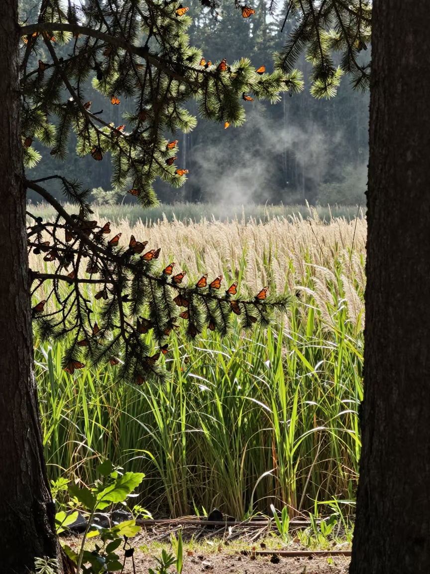Monarch Cluster on Fir Branch Near Spokane in at the edge of a reed bed near Spokane