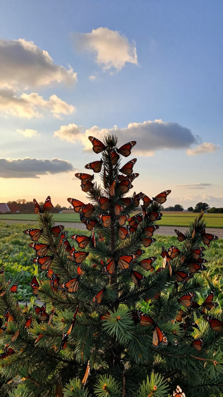 Monarch Cluster on Fir Branch at Sunset in on a wind-scoured ridge in Netherlands