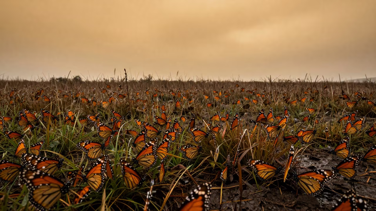 Monarch Swarm Drifts Through Wet Grass at Sunset in near Nagoya