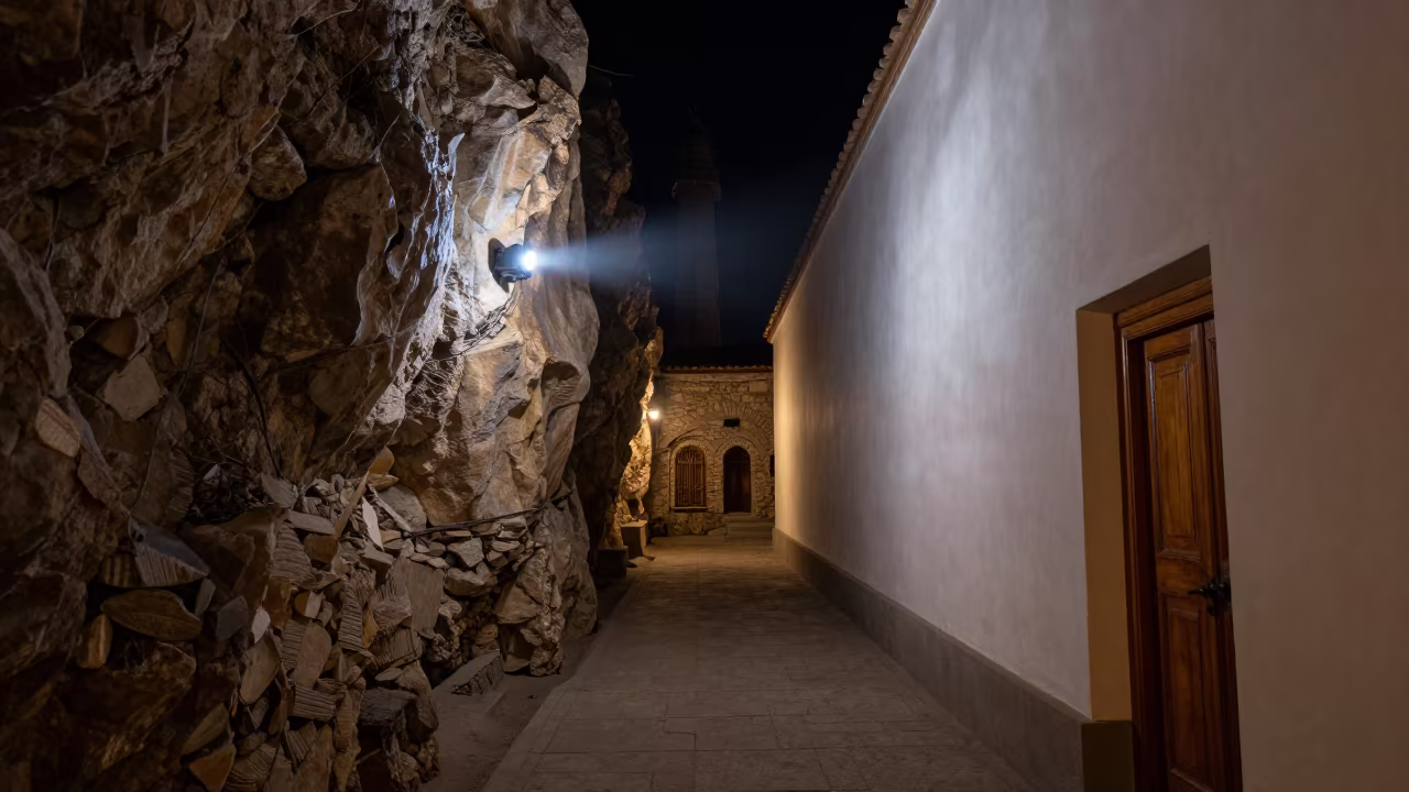 Monastery Cliff Passage Night Glow in inside a quiet cloister passage in Almaty