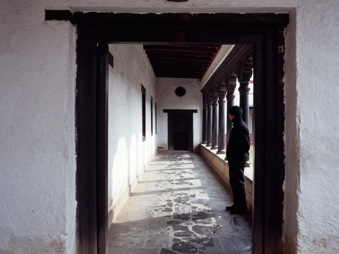 Monastery Cloister Silhouette Winter Light in inside a quiet cloister passage in Pokhara