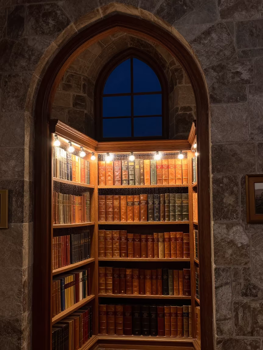 Monastery Library Manuscripts Under String Lights in inside a stone chapel in Vesterbro, Copenhagen