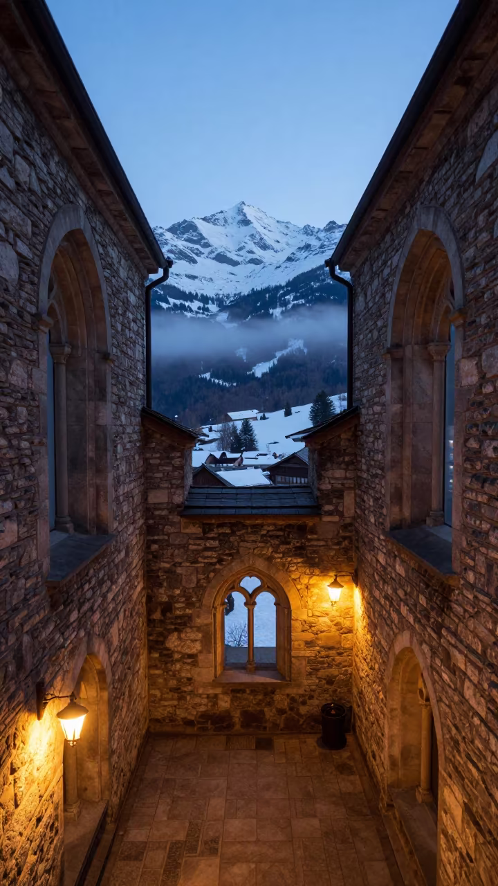 Monastery Rooftops Over Winter Valley Morning Light in along a monastery corridor in Interlaken