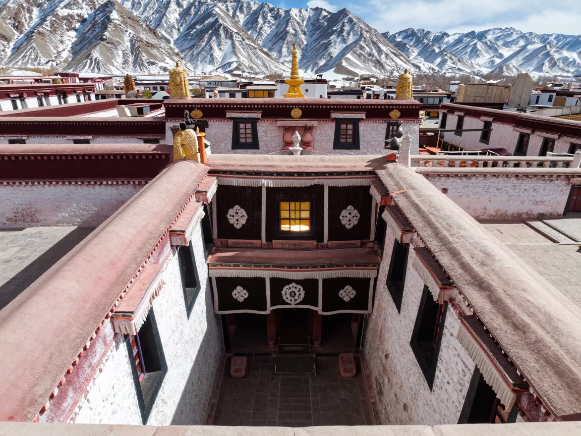 Monastery Rooftops Over Winter Valley Potala in inside a stone chapel in Potala, Lhasa