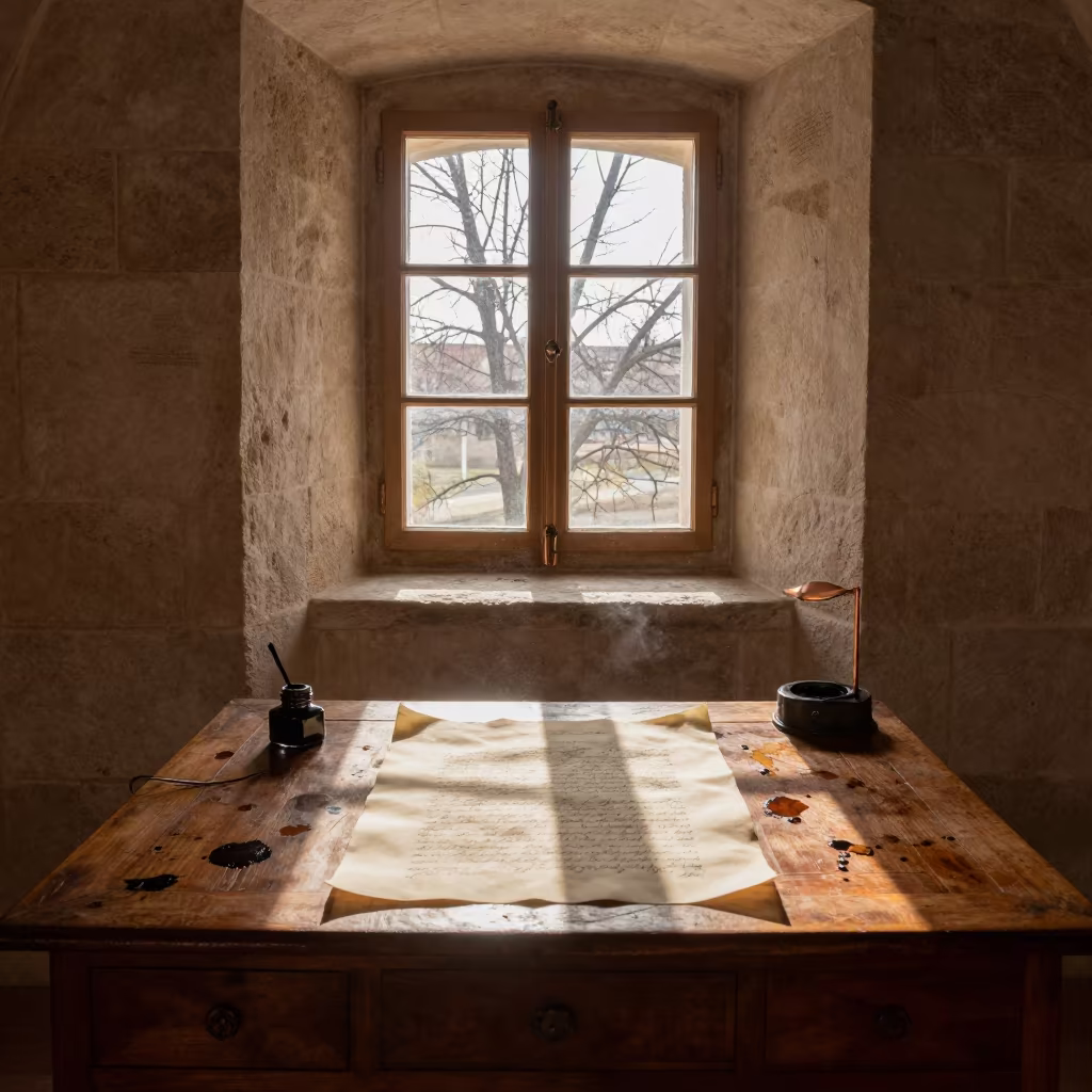 Monastery Scriptorium Window Light Winter in inside a quiet cloister passage in Constantine