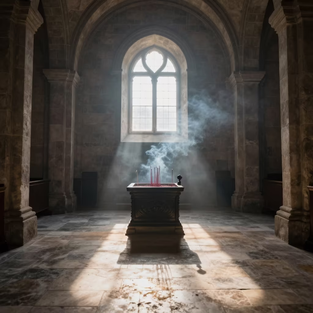 Monastery Silhouette in Morning Fog Victoria in inside a stone chapel in Victoria