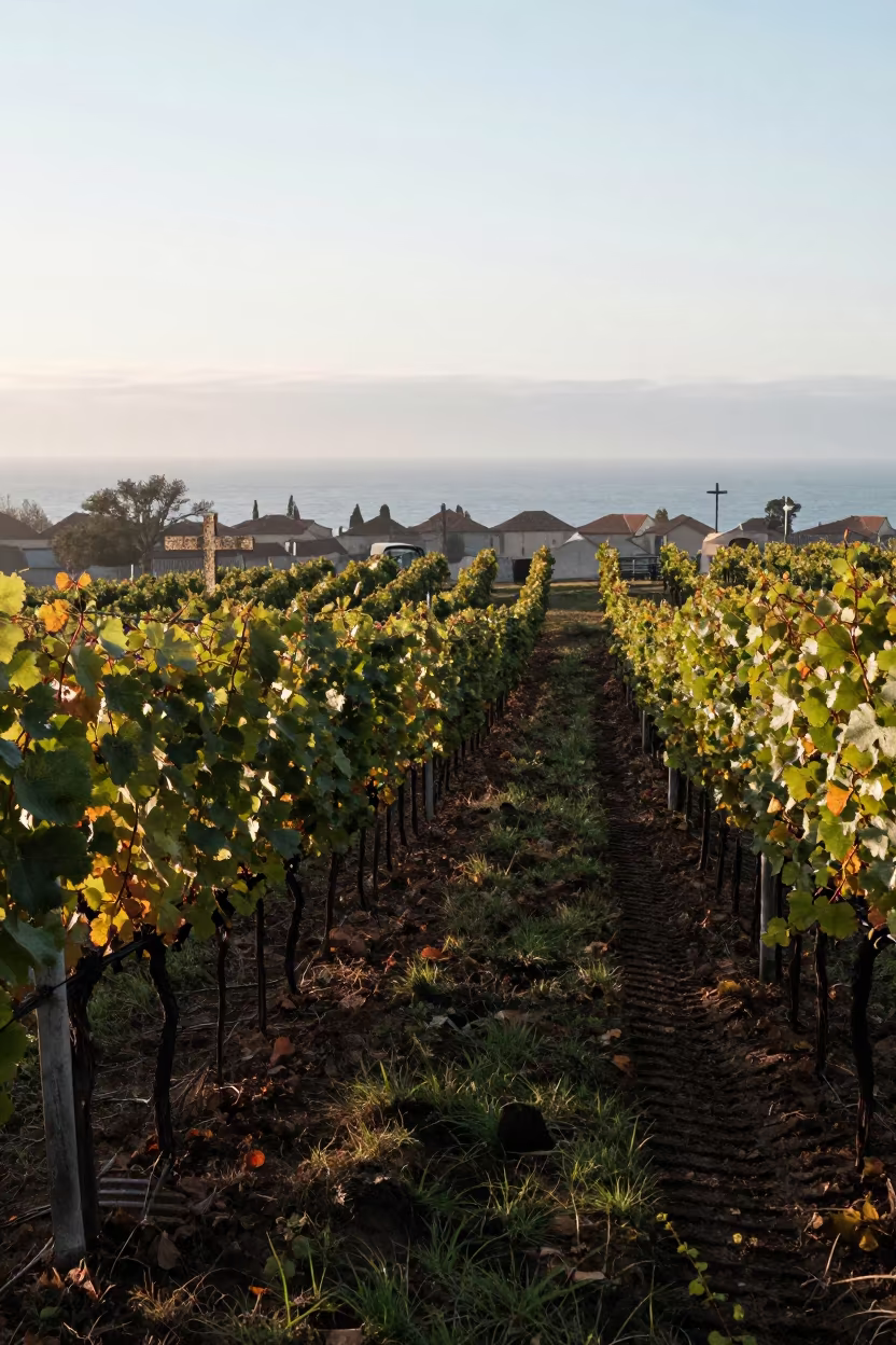 Monastery Vineyard at Dawn with Sea Haze in beside a tractor track through dark soil in Busan