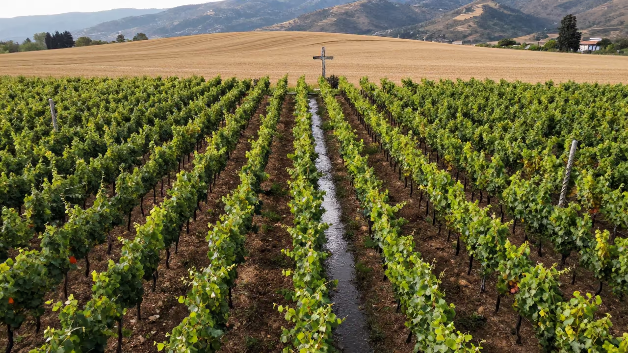 Monastery Vineyard Overlooked by Stone Cross in across a harvested grain field in Chor Bazaar, Mumbai