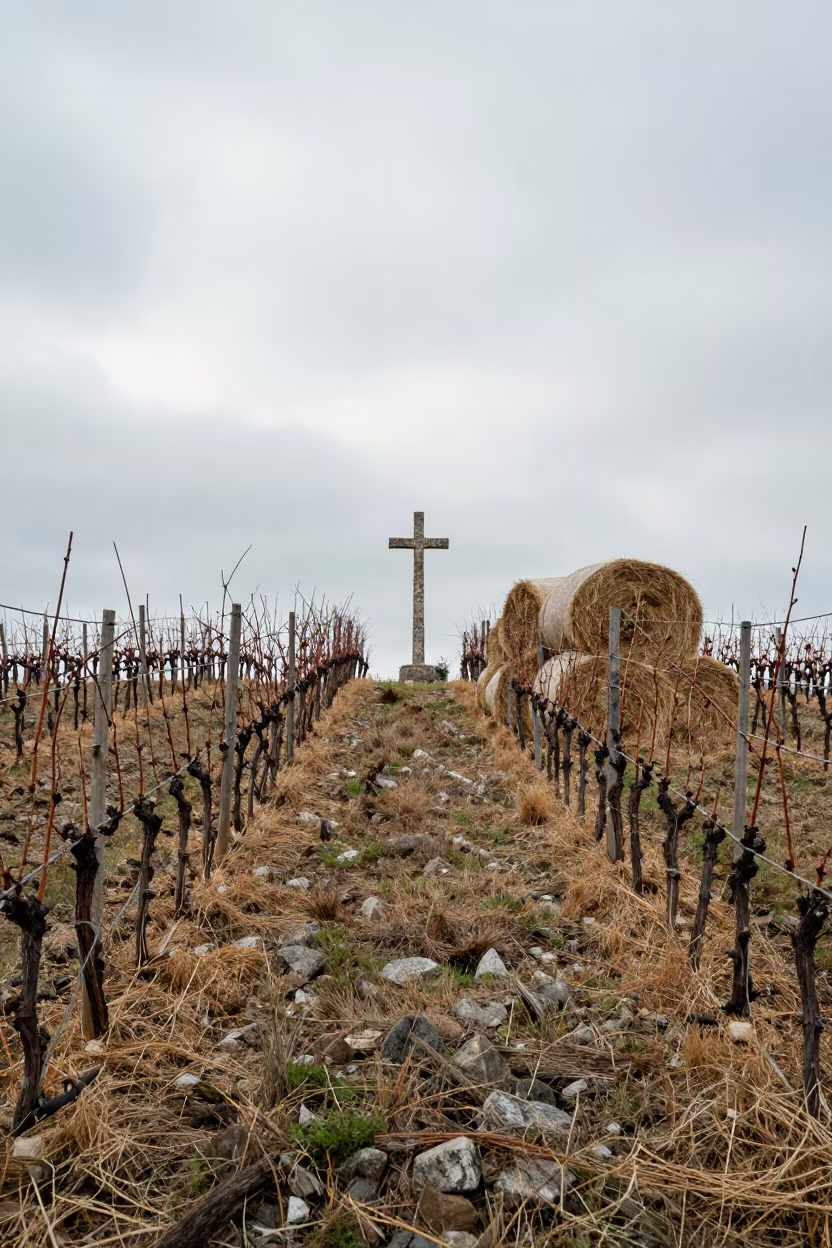 Monastery Vineyard Winter Rows Stone Cross Naples in beside stacked hay bales in Centro Storico, Naples