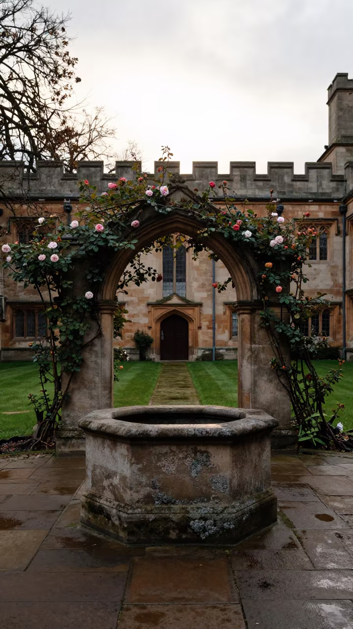 Monastery Well and Roses in Wolverhampton Cloister in in a cloister garden in Wolverhampton