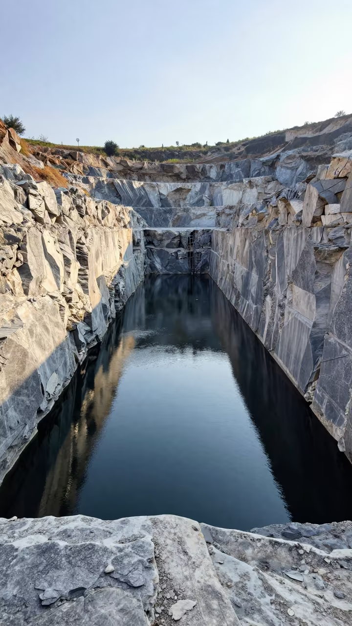 Monastir Quarry Sump Reflecting Stone Walls in across an active works site near Monastir