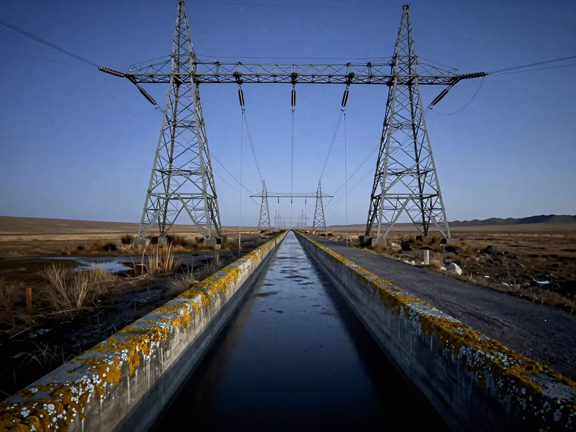 Mongolian Aqueduct Path Under Starlight Before Dawn in beneath transmission towers in Mongolia