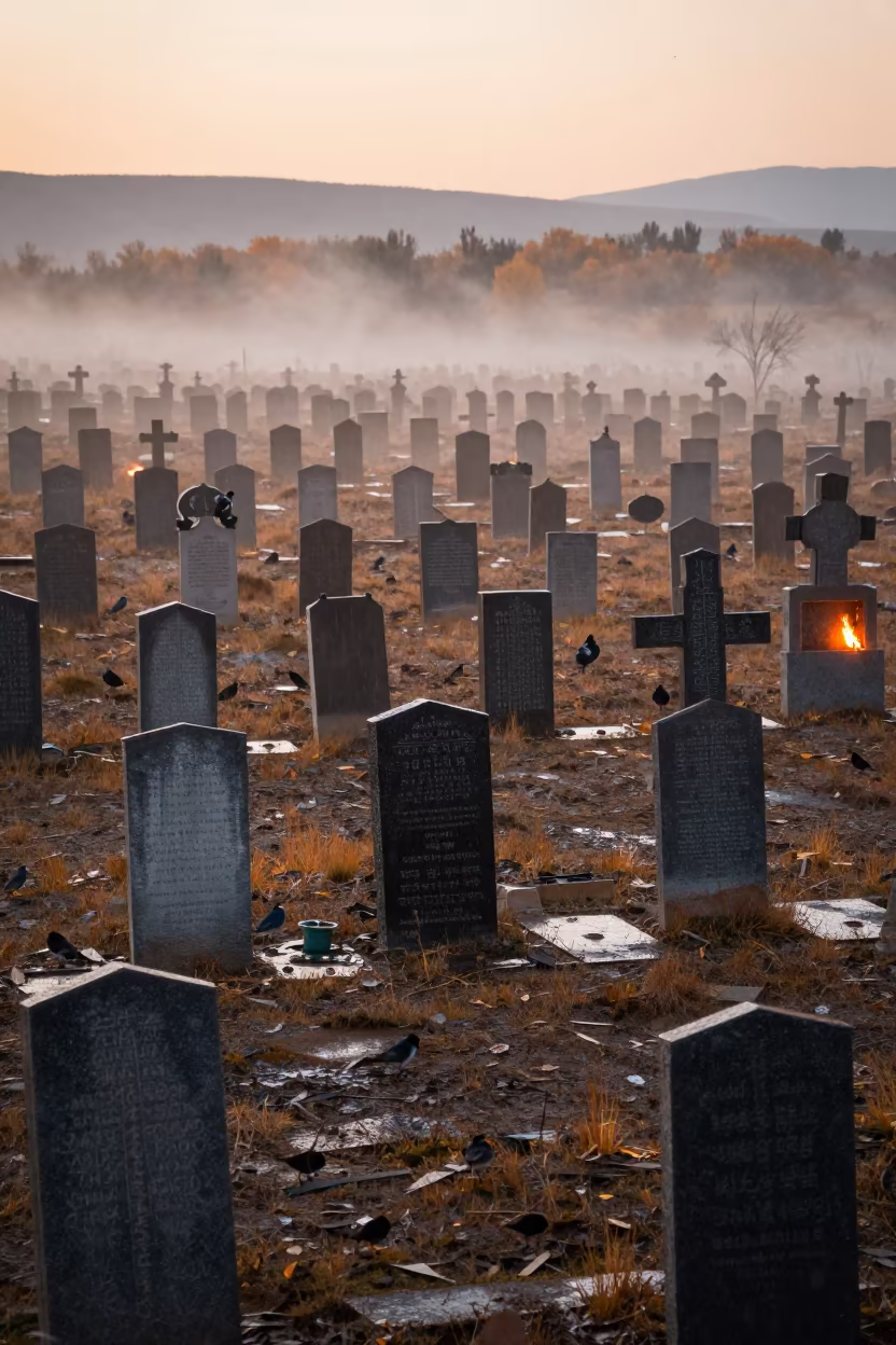 Mongolian Cemetery Fog in Evening Rain in through low marine fog in Mongolia