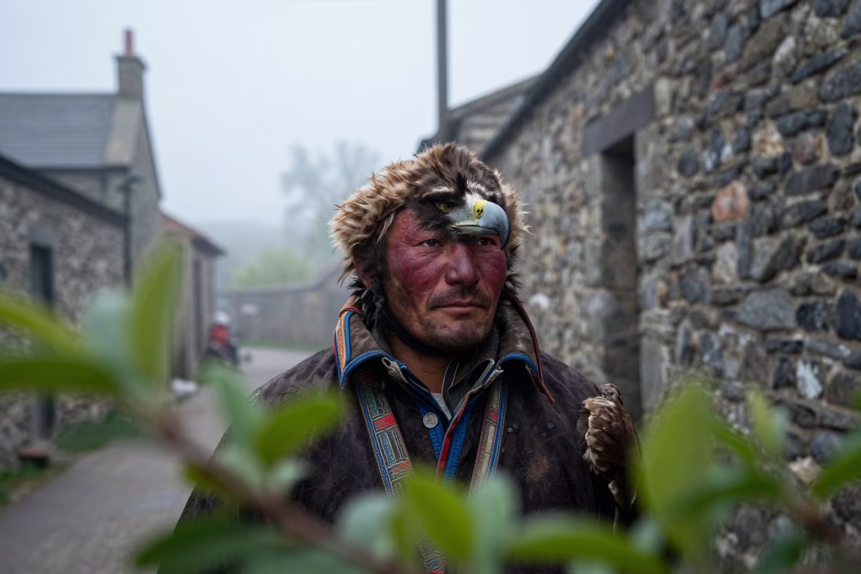 Mongolian Eagle Hunter in Doncaster Alley in in a narrow stone alley near Doncaster