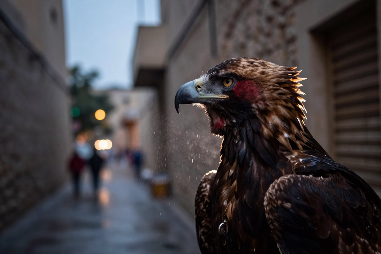Silhouette of Mongolian Eagle Hunter in Karachi Alley in in a narrow stone alley near Karachi