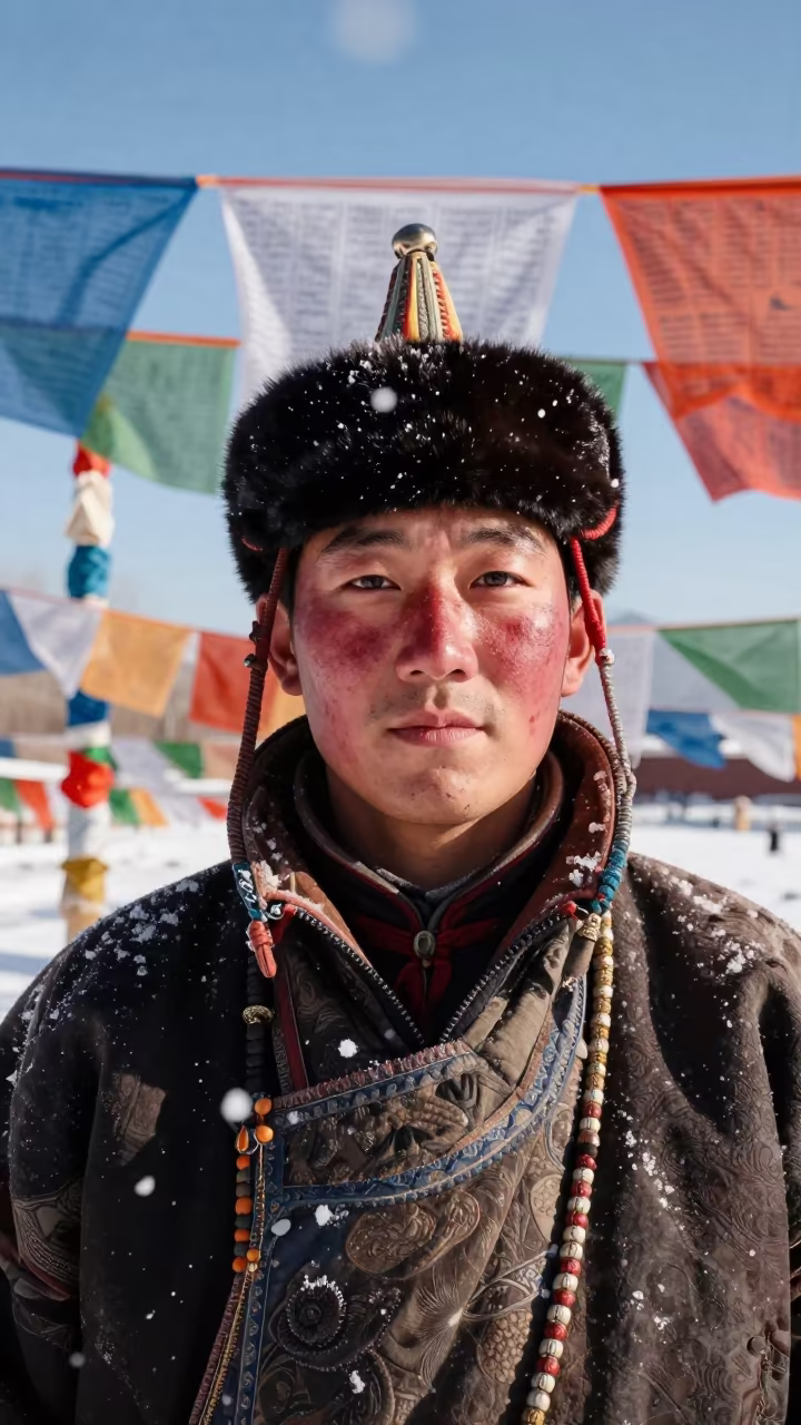 Mongolian Eagle Hunter Portrait in Winter Beijing in beneath a line of prayer flags near Beijing