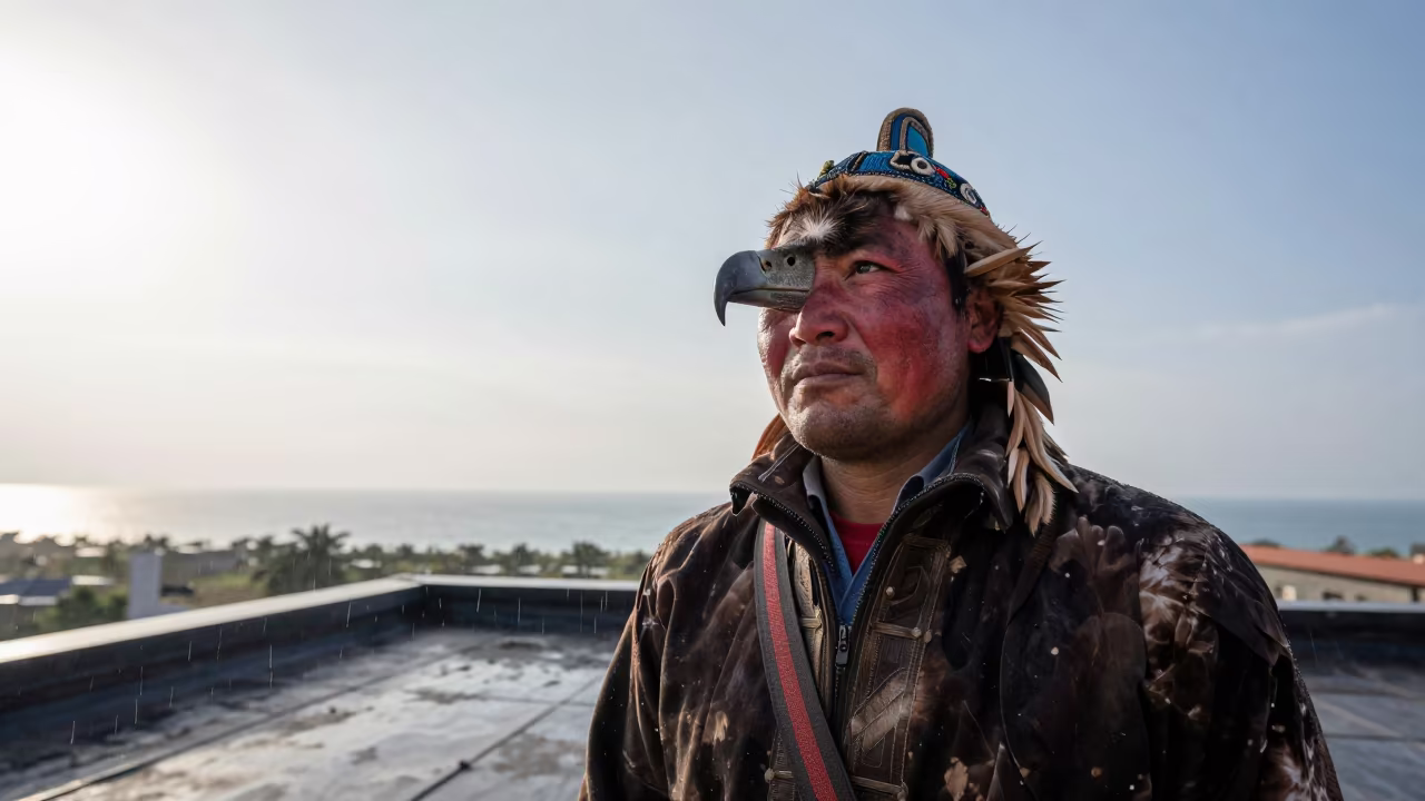 Mongolian Eagle Hunter Wind-Reddened Face Portrait in along a windswept rooftop near Myeik
