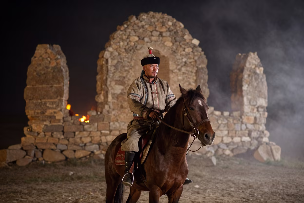 Mongolian Horseman Firelight Night Mist in in Wadi Al-Seer