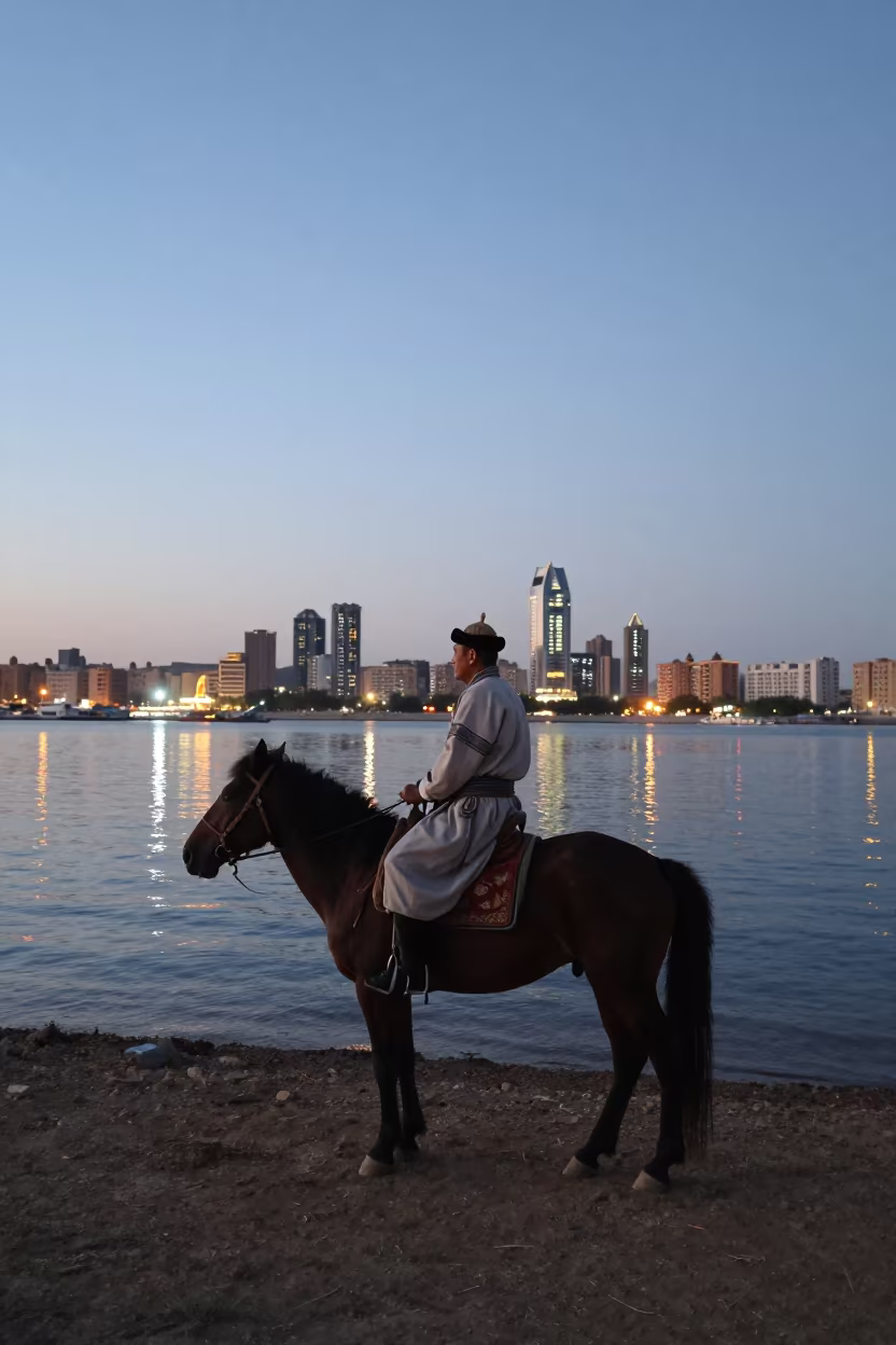 Mongolian Horseman at Giza Harbor Twilight in at a harbor edge in Giza