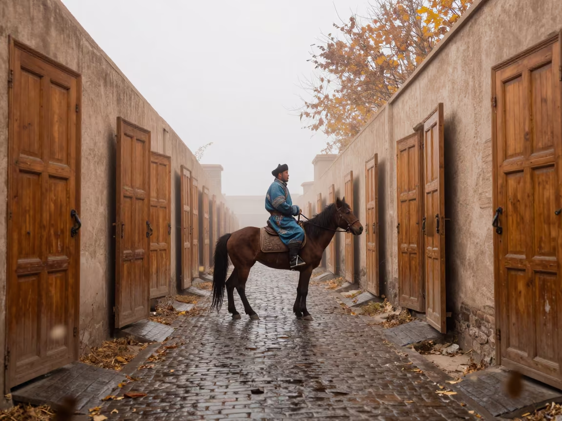 Mongolian Horseman in Mascara Misty Dawn Corridor in in the old quarter in Mascara