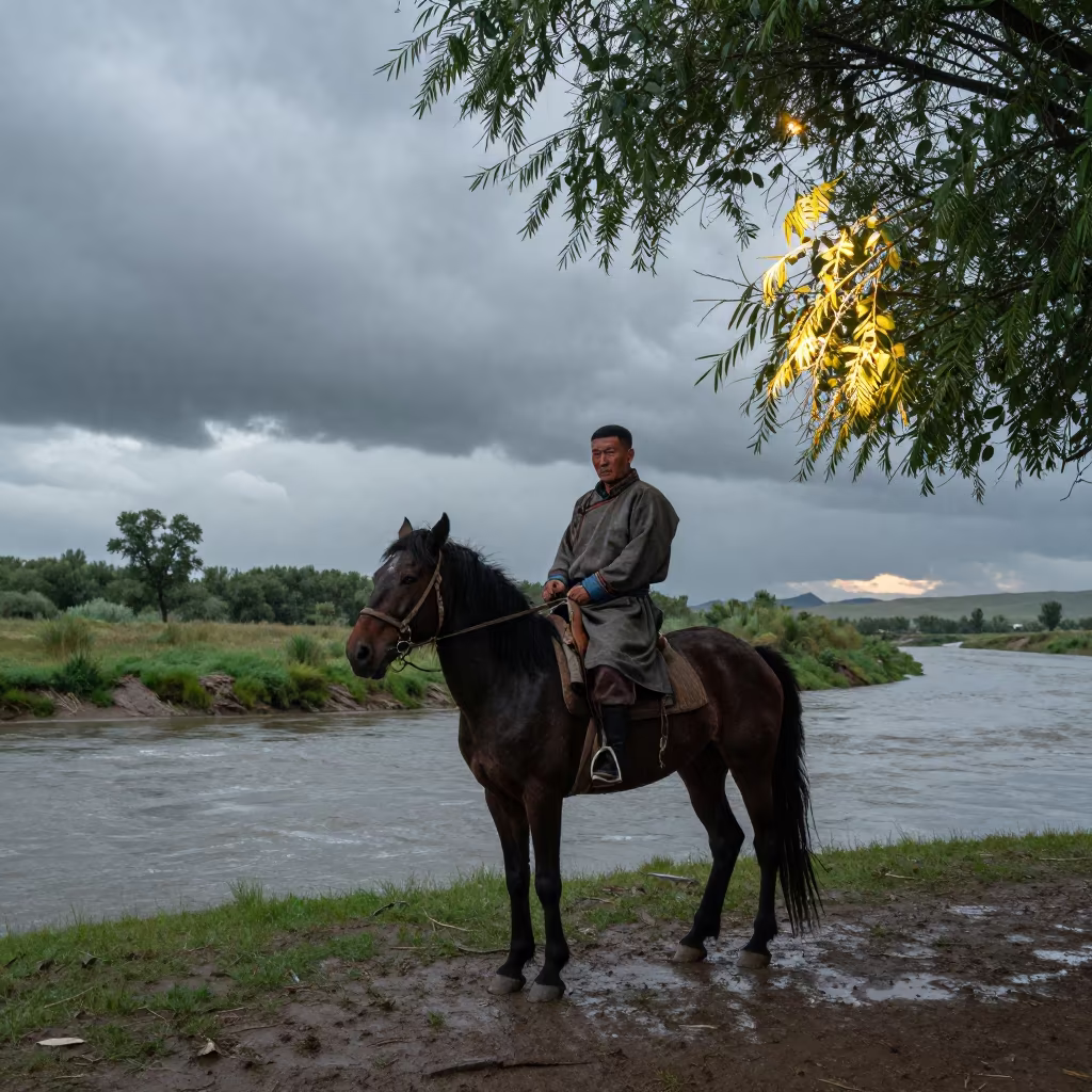 Mongolian Horseman on Mawlamyine Riverside Steppe in near a riverside landing in Mawlamyine