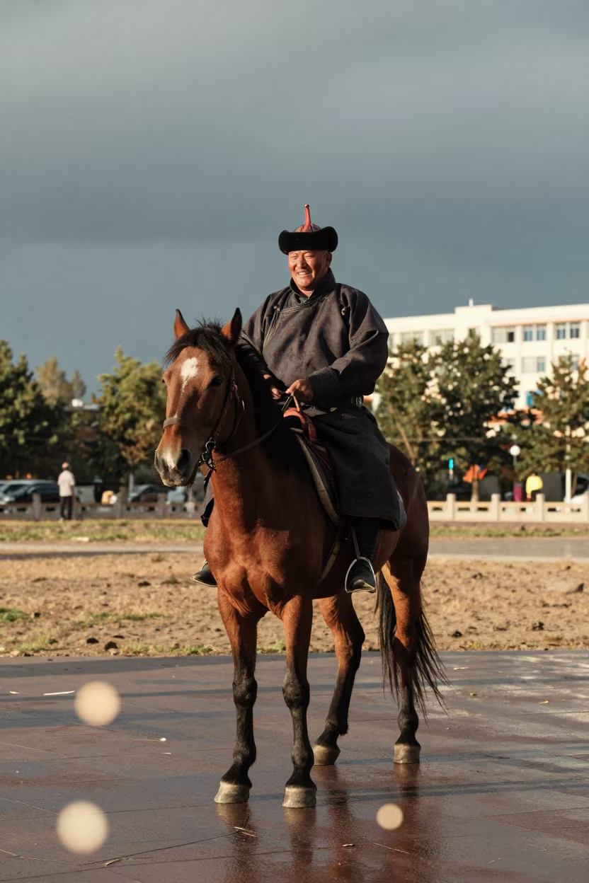 Mongolian Horseman on Perth Steppe at Dawn in at a public square in Perth