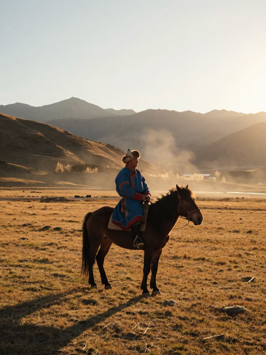 Mongolian Horseman on Queenstown Steppe at Dusk in in Queenstown