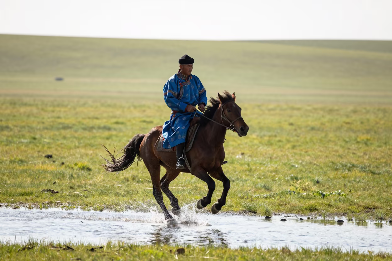 Mongolian Horseman on Vaughan Steppe Midmorning in near Vaughan