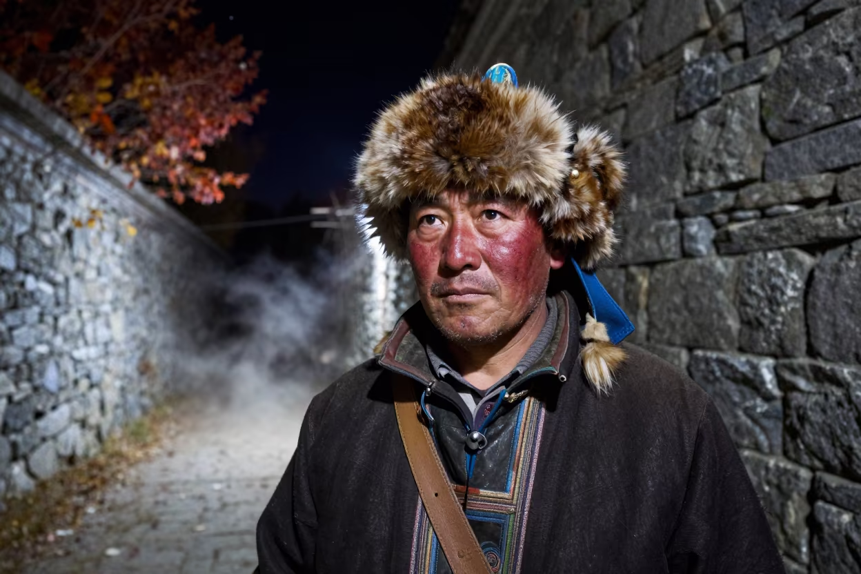 Mongolian Hunter Face Harbin Autumn Night in in a narrow stone alley near Harbin