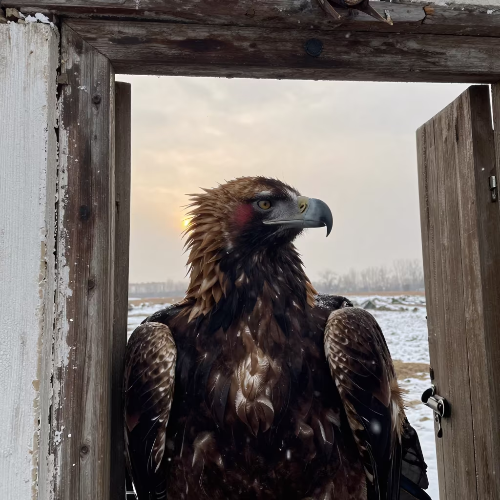 Mongolian Hunter Face Reddened by Wind in against a weathered doorway near Gujranwala