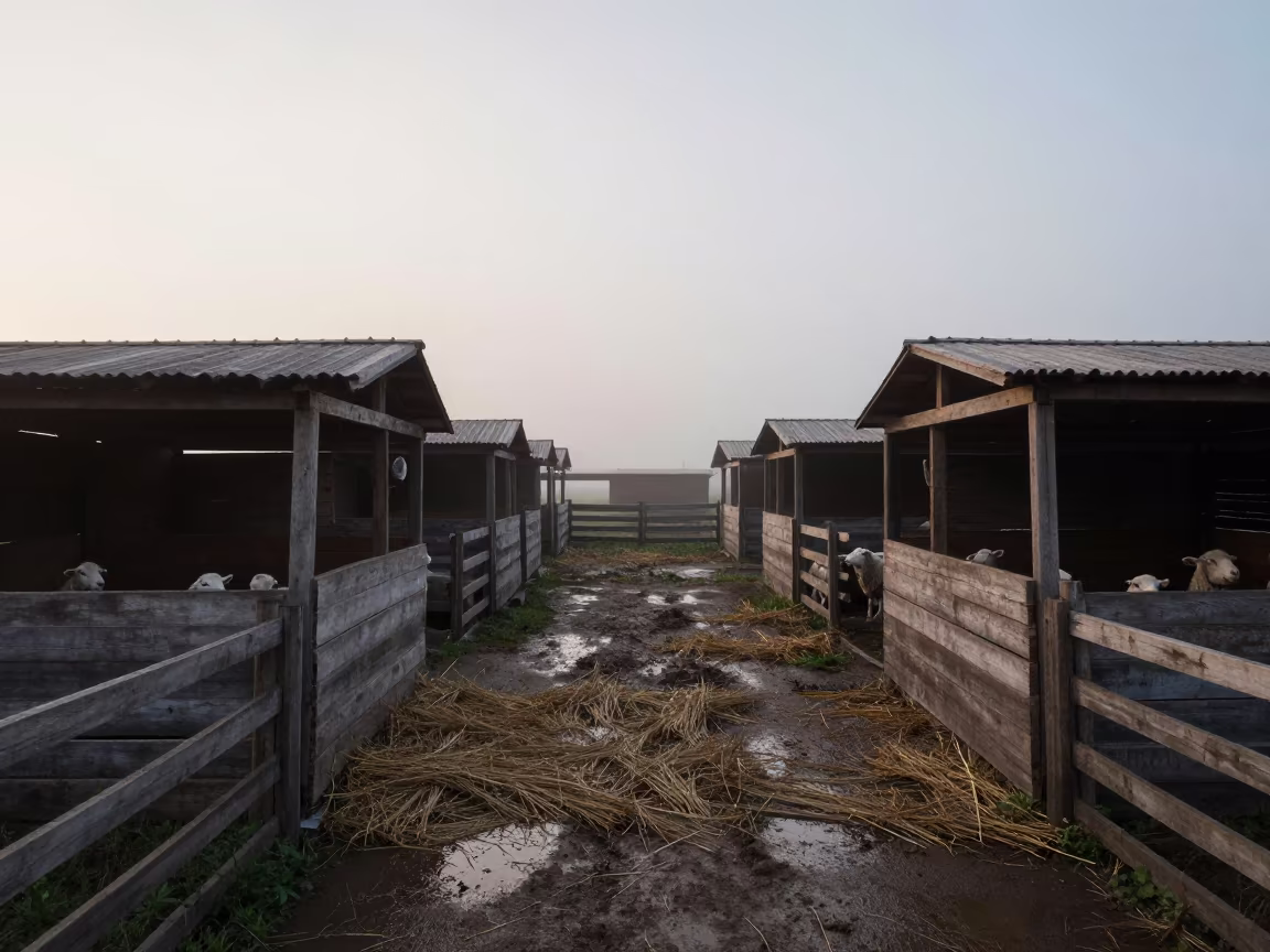 Mongolian Lambing Barn in Misty Afternoon Light in along a muddy paddock fence in Mongolia