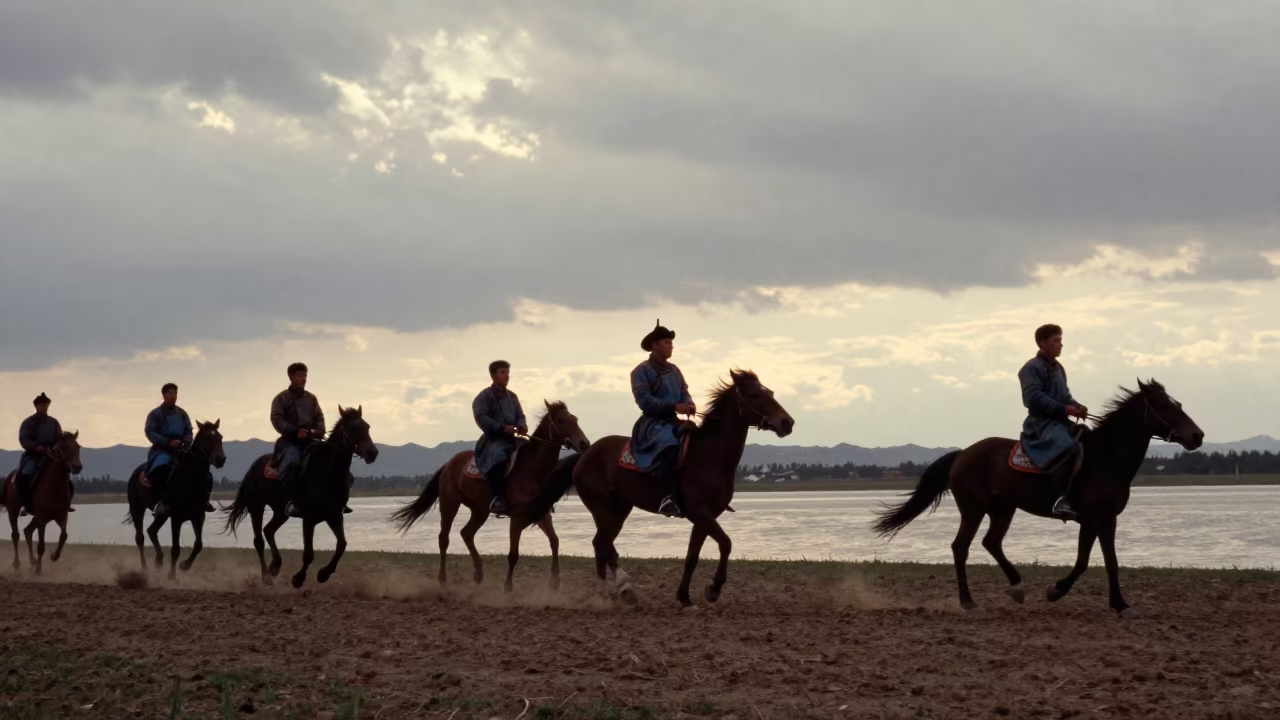 Mongolian Naadam Horse Racing Silhouette at Taunggyi Waterfront in at a waterfront celebration in Taunggyi