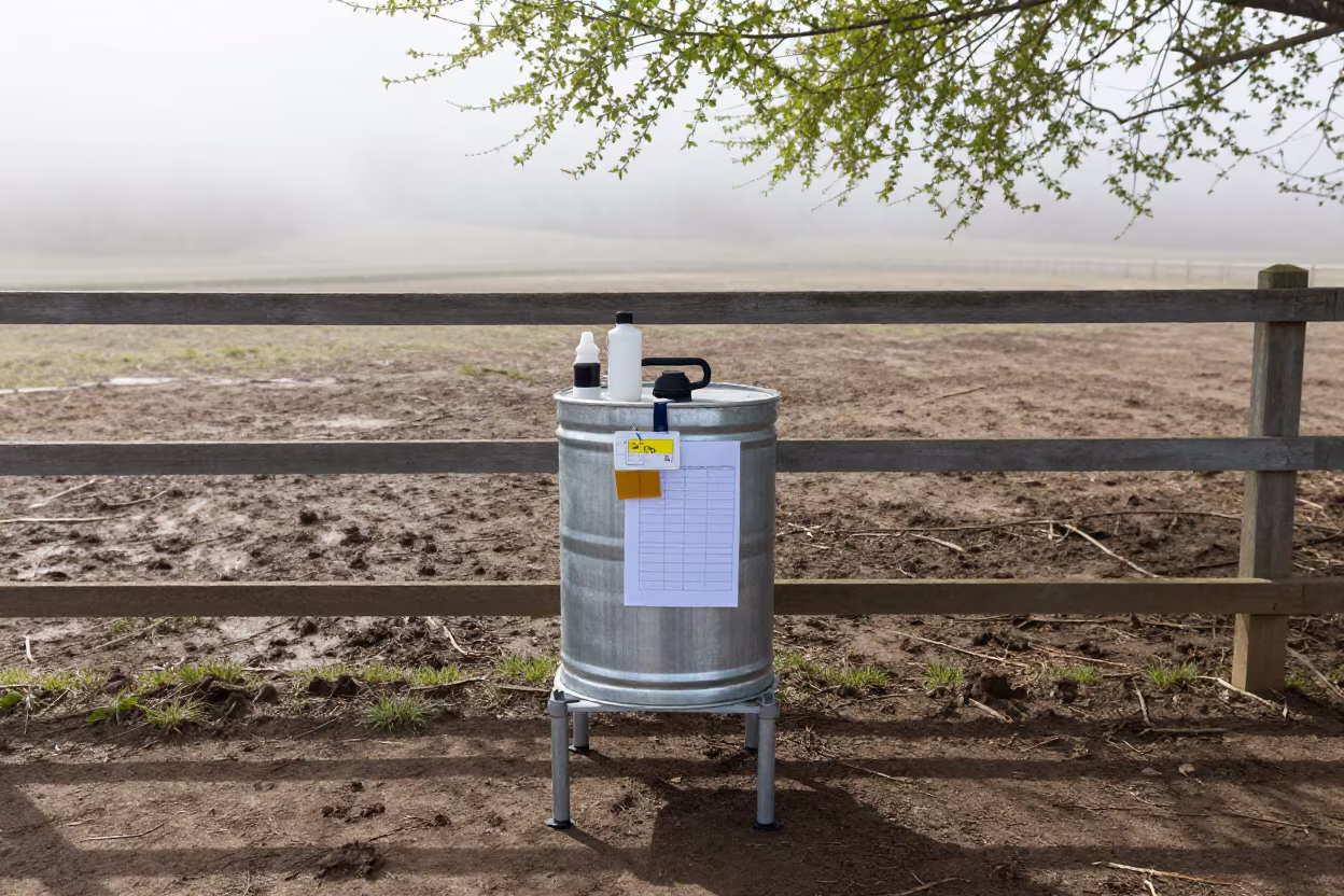 Mongolian Poultry Vaccination Stand in Misty Barn in along a muddy paddock fence in Mongolia