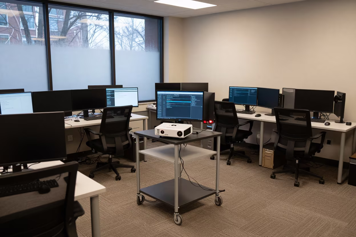 Monitor Bank Projector Cart Reading Terminal Office in inside an open-plan office bay in Reading Terminal, Philadelphia