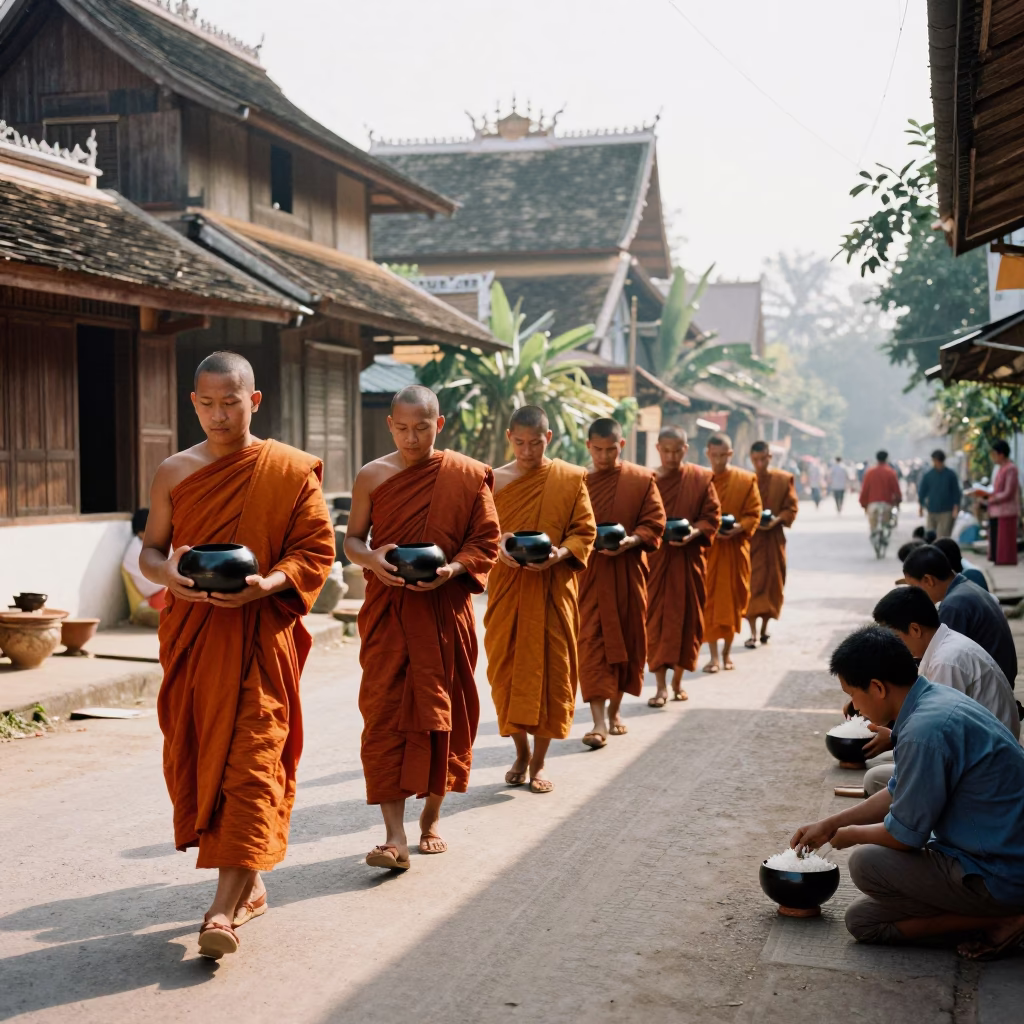 Monk Alms Begging in Morning Light with Wooden Bowls and Saffron Robes in in Luang Prabang, Laos