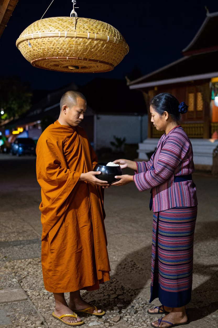 Monk Alms Bowl and Woven Cane Basket Under Night Sky in Luang Prabang Laos in in Luang Prabang, Laos