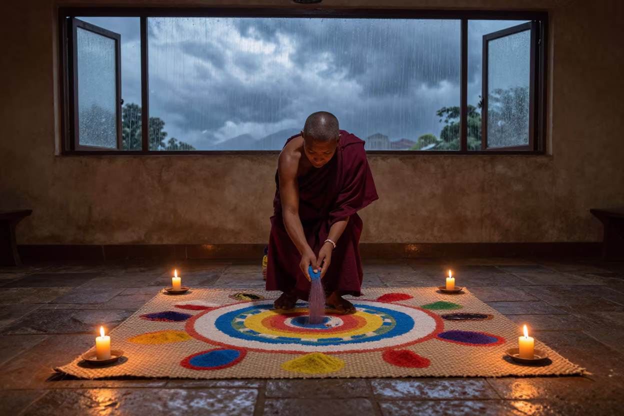 Monk Destroys Sand Mandala Dawn Light in in the old quarter in Machakos