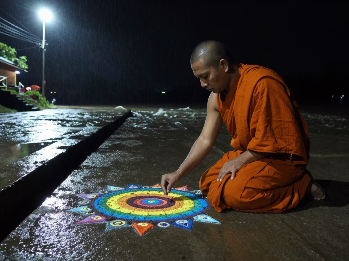 Monk Destroys Sand Mandala by River at Night in near a riverside landing in Tapachula de Córdova y Ordóñez