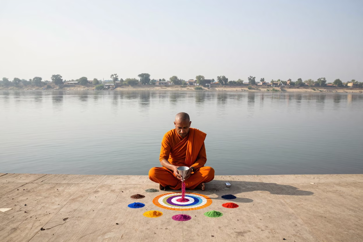 Monk Pouring Sand Mandala by Faizabad River in near a riverside landing in Faizabad