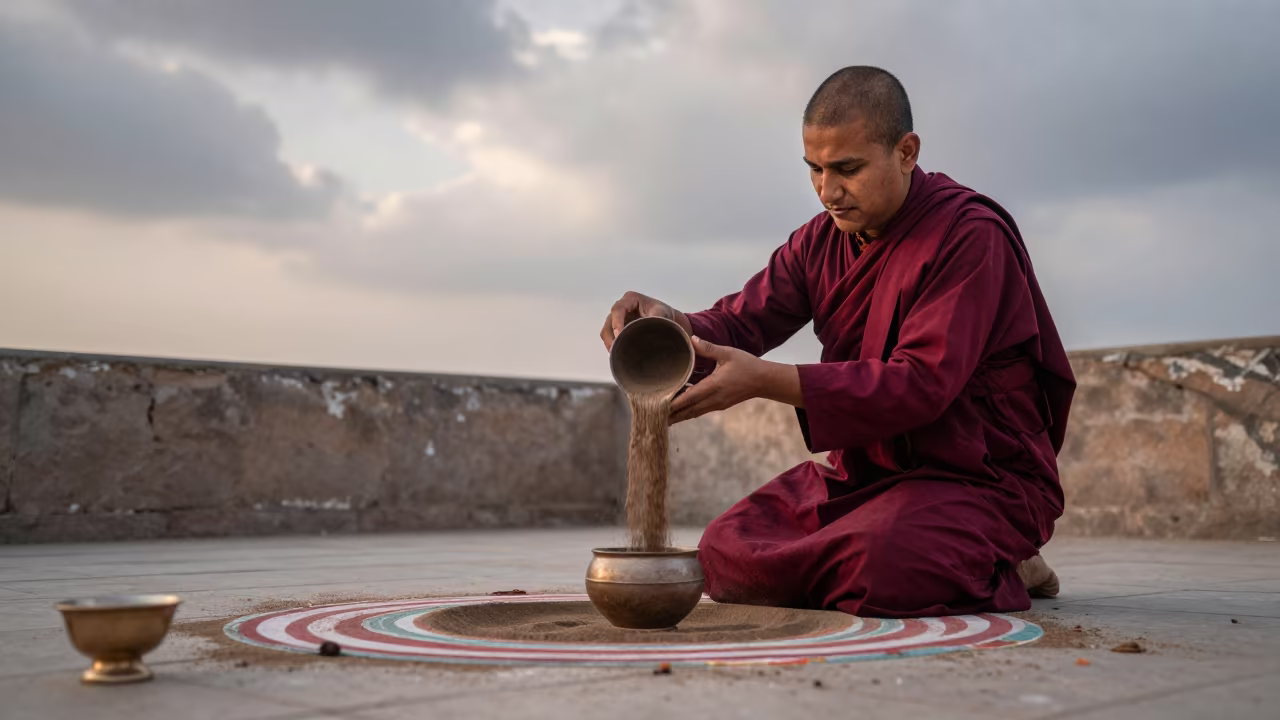 Monk Pouring Sand Mandala at Islamabad Dawn in in Islamabad