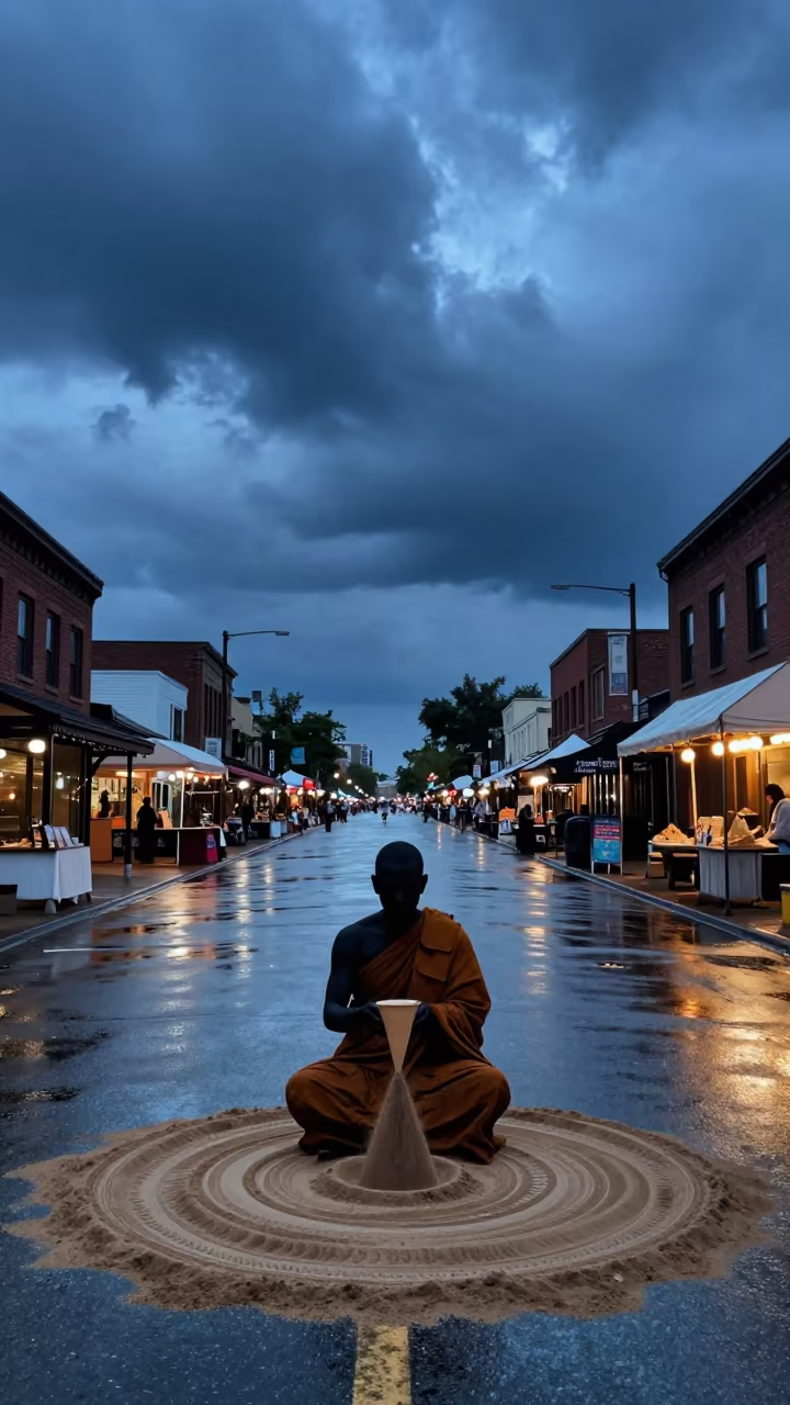 Monk Pouring Sand Mandala in Minneapolis Market in along a market lane in Minneapolis