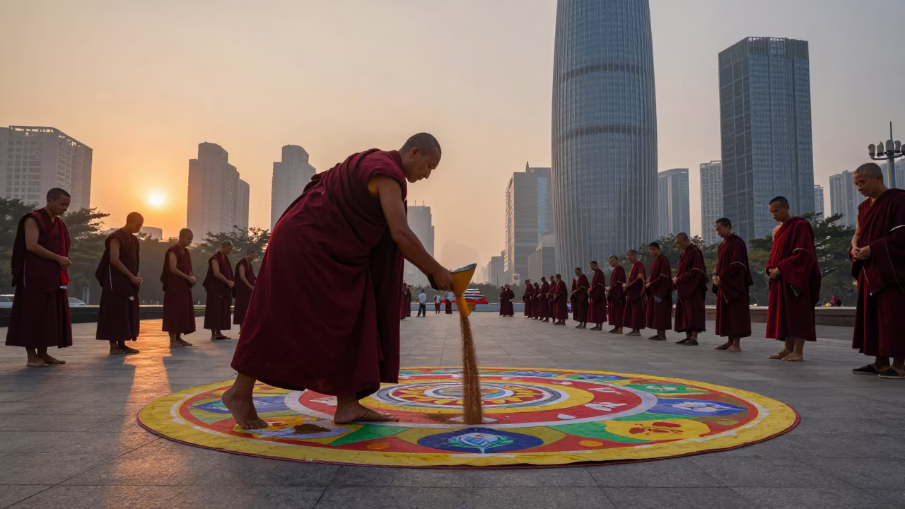 Monk Pouring Sand Mandala Shenzhen Sunset in at a public square in Shenzhen
