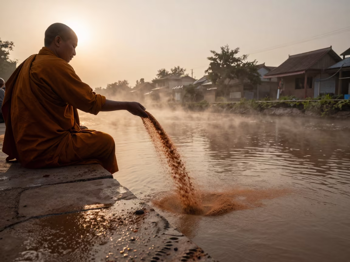 Monk pours sand into canal before dusk in beside a canal in Aba