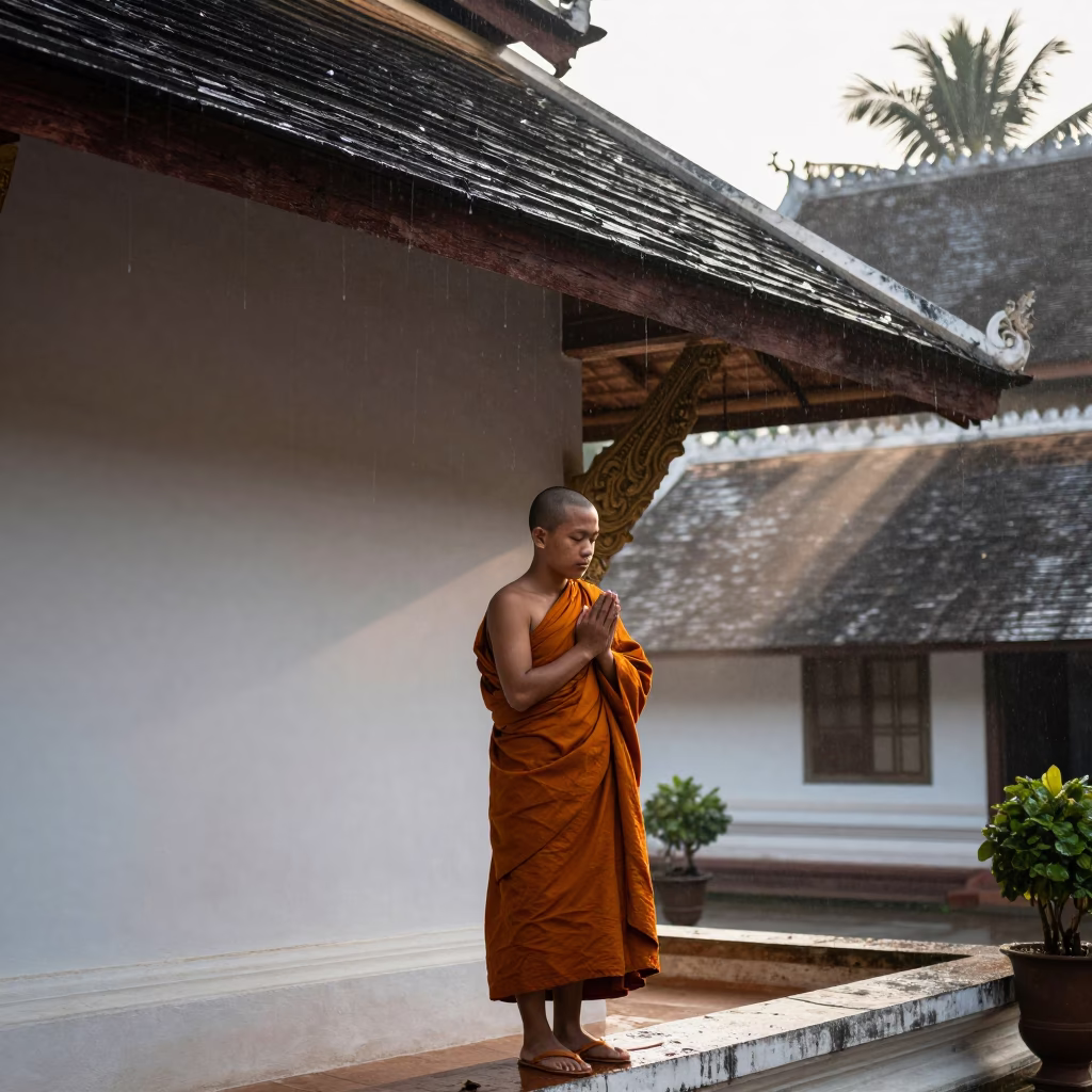 Monk Praying in Luang Prabang in in Luang Prabang, Laos